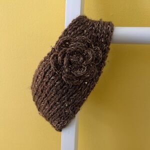 Brown Knit Headband with Flower Detail